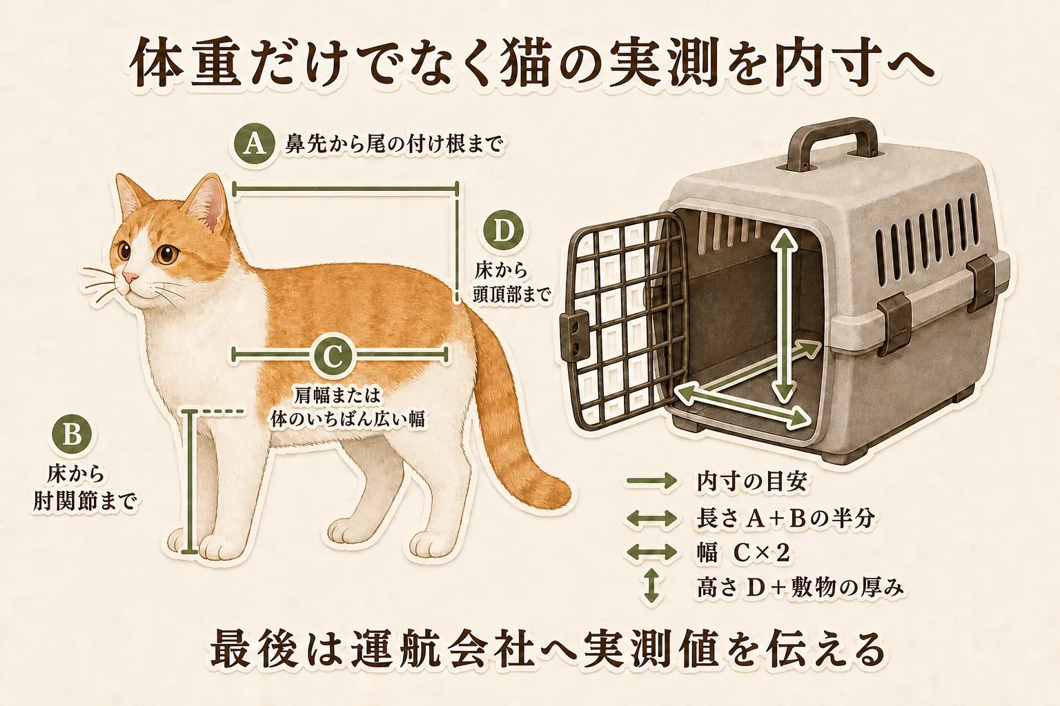 猫の実測としてAは鼻先から尾の付け根まで、Bは床から肘関節まで、Cは肩幅または体のいちばん広い幅、Dは床から頭頂部までを示し、クレート内寸の目安を長さA＋Bの半分、幅C×2、高さD＋敷物の厚みとして示す図