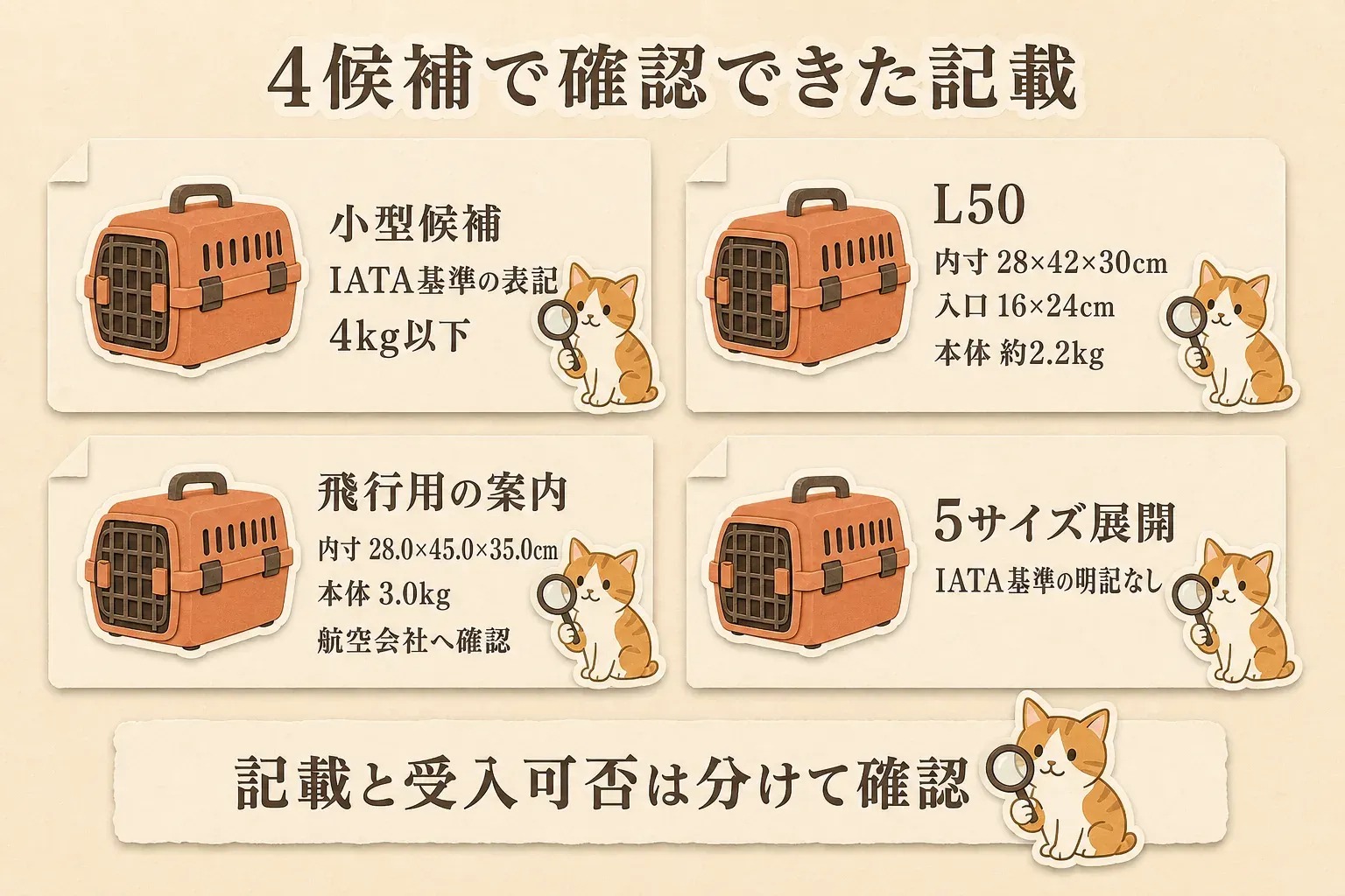 4候補で確認できた記載として、小型候補はIATA基準表記と4kg以下、L50は内寸28×42×30cm・入口16×24cm・本体約2.2kg、飛行用案内の候補は内寸28.0×45.0×35.0cm・本体3.0kg・航空会社への確認、5サイズ展開の候補はIATA基準の明記なしを示し、商品記載と航空会社の受け入れ可否を分けて確認するよう促す図