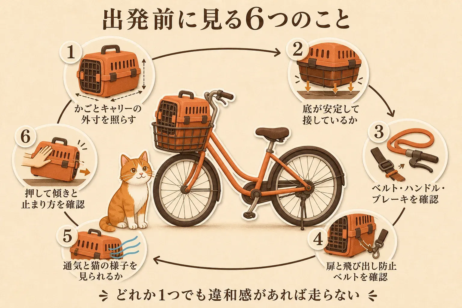 出発前に確認する6項目として、前かごとキャリーの外寸を照らす、キャリーの底が安定して接している、固定ベルト・ハンドル・ブレーキを確認する、扉と飛び出し防止ベルトを確認する、通気と猫の様子を見られる、押して傾きと止まり方を確認する流れを示し、どれか一つでも違和感があれば走らないよう促す図