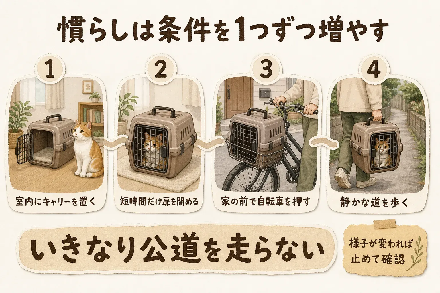 猫を自転車での移動へ慣らす段階として、室内にキャリーを置く、短時間だけ扉を閉める、家の前で自転車を押す、静かな道を歩く順を示し、いきなり公道を走らず、猫の様子が変われば止めて確認するよう促す図。出典：環境省「ペットの災害対策」を参考