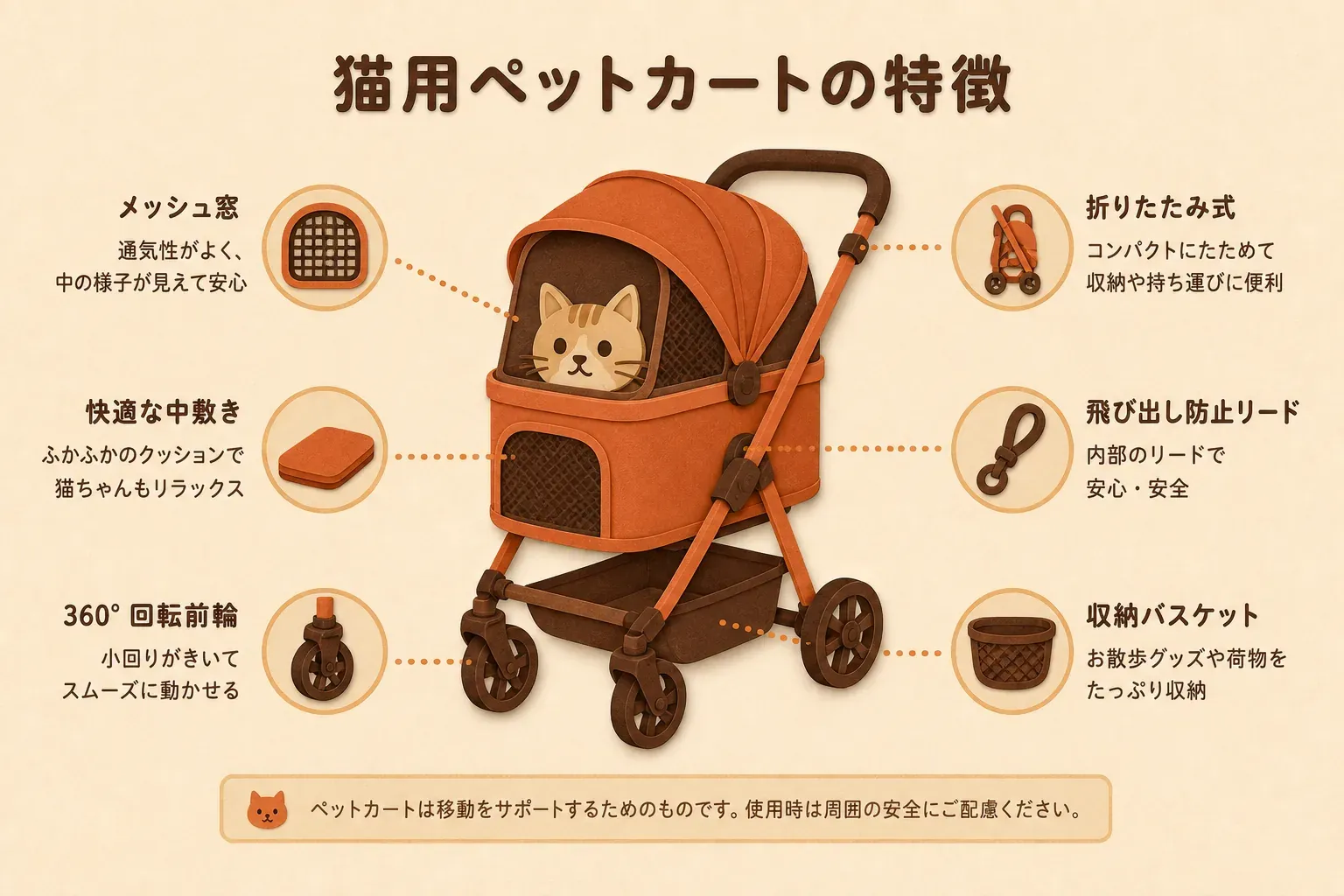 「前輪サスペンション」「衝撃吸収スプリング」「サスペンション」「安定走行」の各表示について、確認できる内容と追加で確認したい内容を整理し、「安定走行」は機構名ではなく幅広い訴求表現であることを示す図
