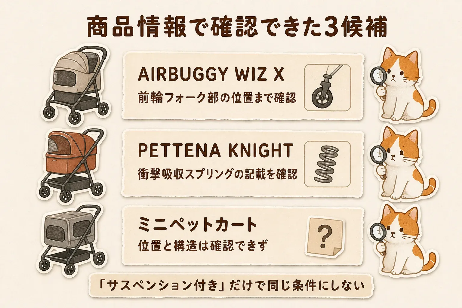 サスペンションの記載がある猫対応ペットカート3候補として、AIRBUGGY WIZ Xは前輪フォーク部分のサスペンション・前輪5インチ・後輪6インチ・PUタイヤ・コット耐荷重12kg、PETTENA KNIGHTは15cm・EVAタイヤ・衝撃吸収スプリング・耐荷重20kg、タンスのゲンのミニペットカートはサスペンション・4輪・猫対応・本体約4.2kg・耐荷重約9kgと示し、機構の位置と構造の確認を促す図