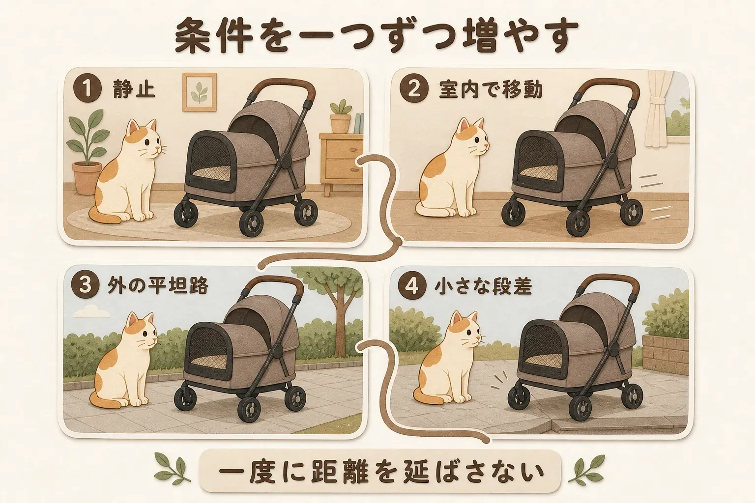 猫をペットカートへ慣らす段階として、安全な場所で固定したコットに普段の敷物を入れる、室内で短い距離を動かす、静かな舗装路を短時間進む、小さな段差へ進む順を示し、条件を一つずつ増やして落ち着かなくなる場面を見つける図。出典：環境省「宣誓！無責任飼い主0（ゼロ）宣言!!」のキャリーバッグを安全な場所に置いて慣らす方法を参考