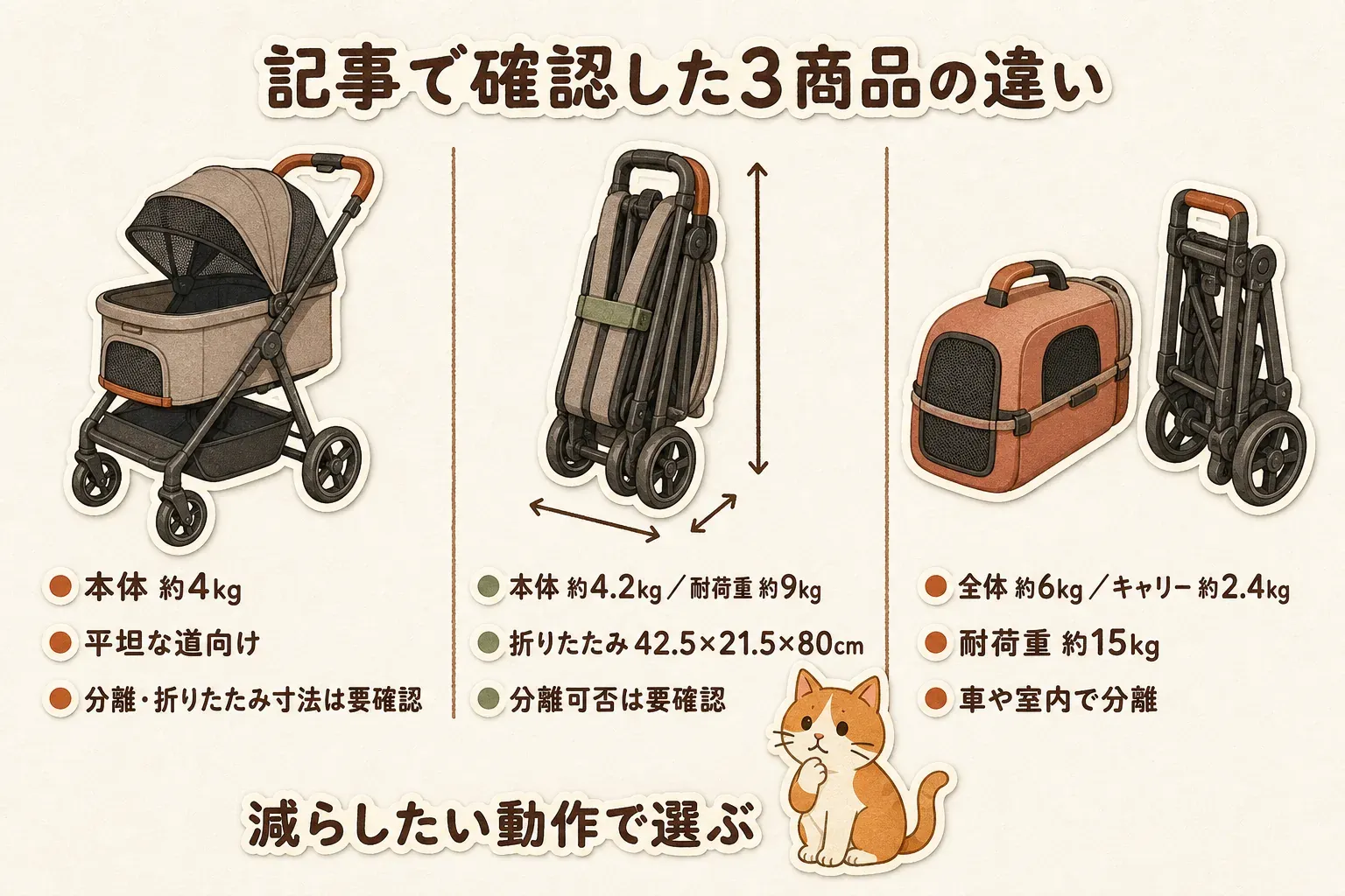 記事で確認した3商品の違いとして、本体約4kgの平坦な道向けカート、本体約4.2kg・耐荷重約9kg・折りたたみ時42.5×21.5×80cmのカート、全体約6kg・キャリー約2.4kg・耐荷重約15kgの分離型カートを比較し、減らしたい動作で選ぶよう示す図