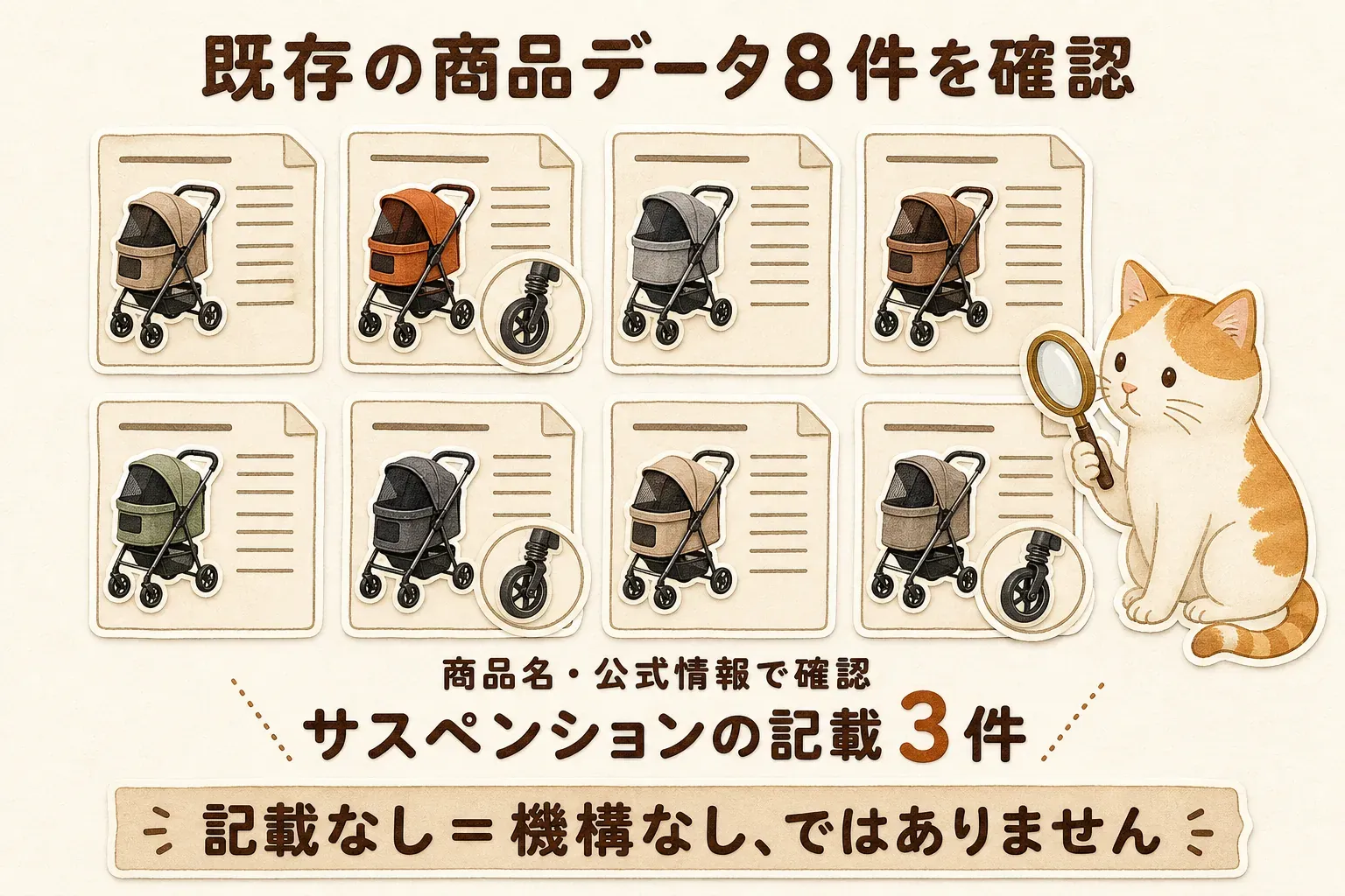 既存の商品データ8件を確認し、商品名またはメーカー公式情報でサスペンションの記載を確認できたのは3件で、記載がないことは機構がないことを意味しないと示す図