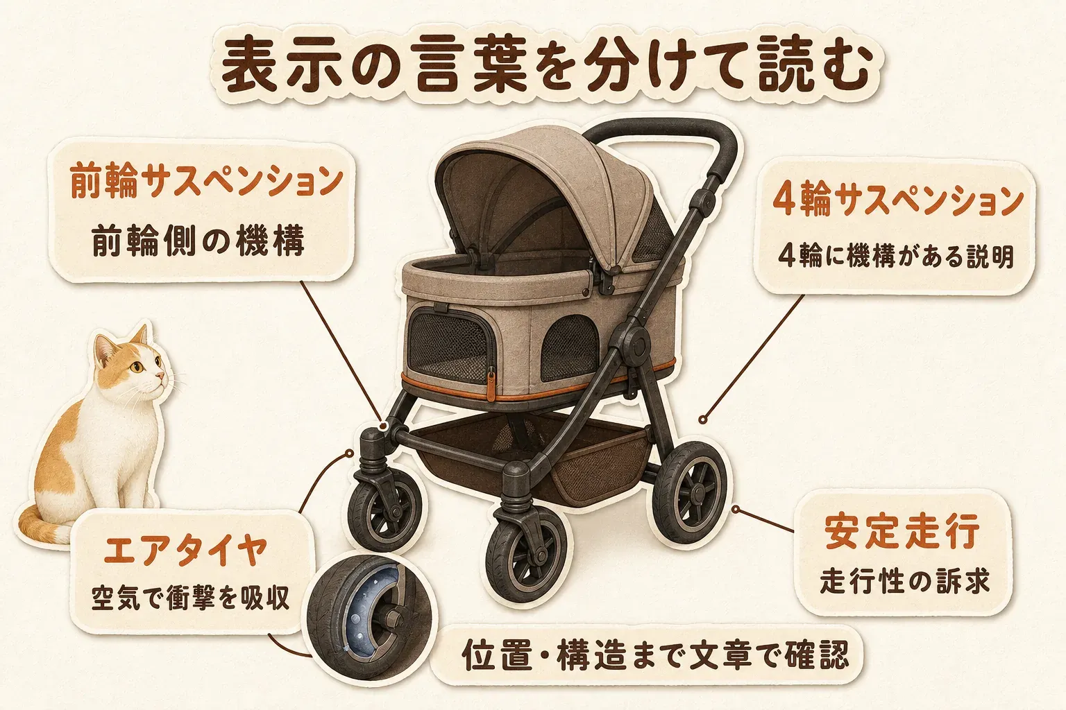 前輪サスペンションは前輪側の機構、4輪サスペンションは4輪に機構があるという説明、エアタイヤは空気で衝撃を吸収、安定走行は走行性の訴求を表し、位置と構造まで文章で確認することを示す図