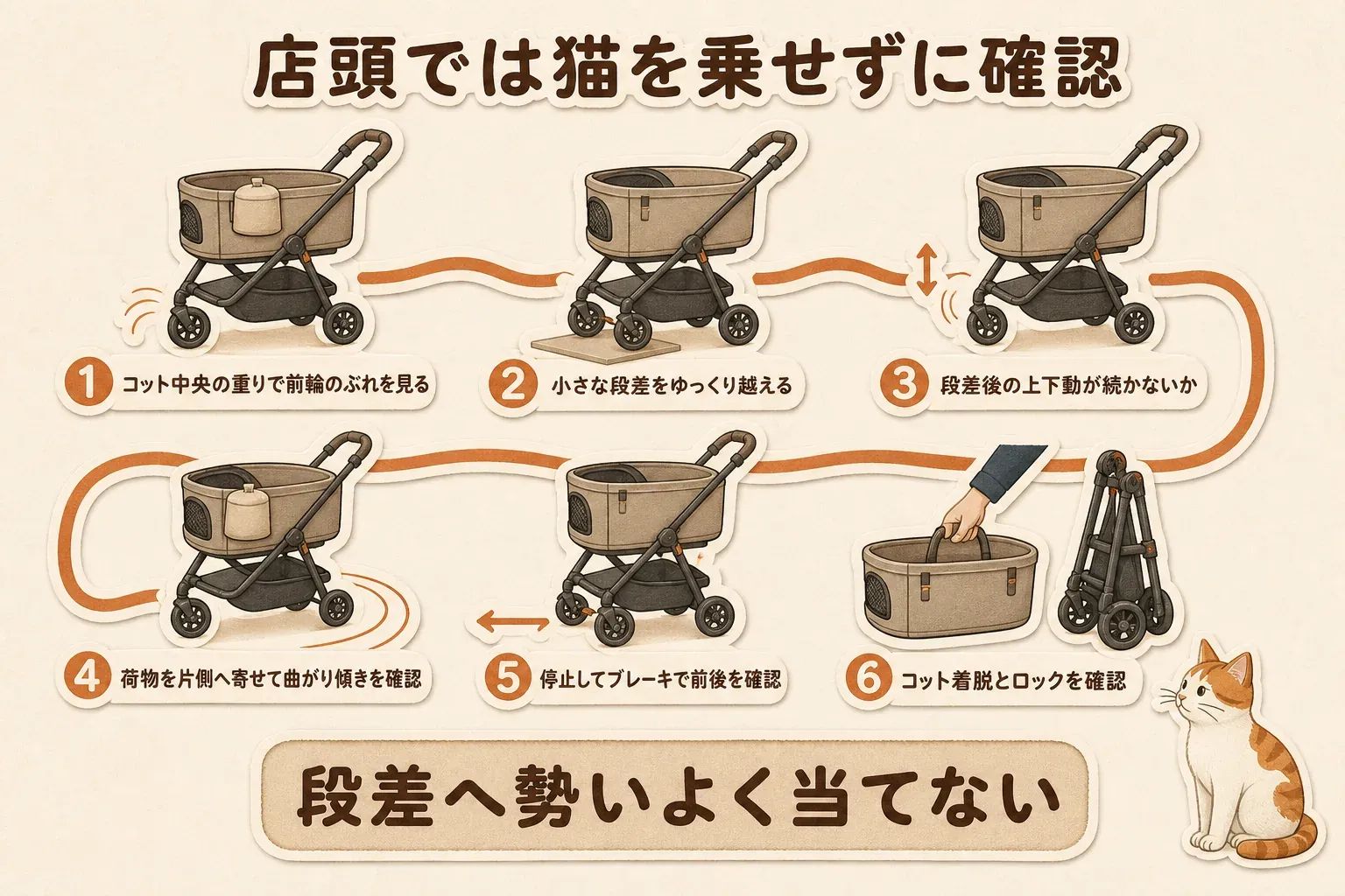 店頭で猫を乗せずにペットカートを確認する6手順として、コット中央の重りで前輪のぶれを見る、小さな段差をゆっくり越える、段差後の上下動を見る、荷物を片側へ寄せて曲がる、ブレーキで前後を確認する、コットの着脱とロックを確認する流れを示し、段差へ勢いよく当てないよう案内する図