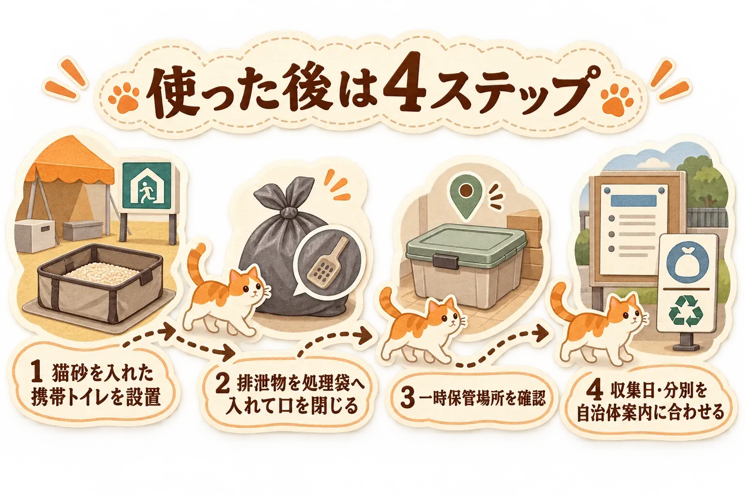 猫の携帯トイレを使った後の4ステップとして、1. 猫砂を入れた携帯トイレを避難先の決められた場所に設置する、2. 排泄物を処理袋へ入れて口を閉じる、3. 一時保管場所を確認する、4. 収集日と分別を自治体案内に合わせる流れを示す図