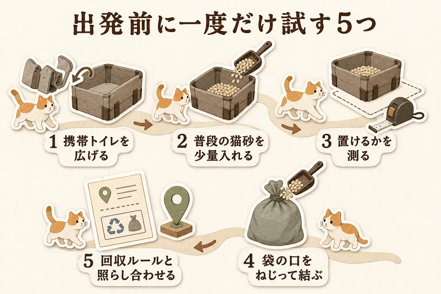 出発前に一度試す5つの手順として、携帯トイレを広げる、普段の猫砂を少量入れる、ケージや設置予定の場所に置けるか測る、猫砂を処理袋へ入れて口をねじって結ぶ、避難所や自治体の回収ルールと照らし合わせる流れを示す図
