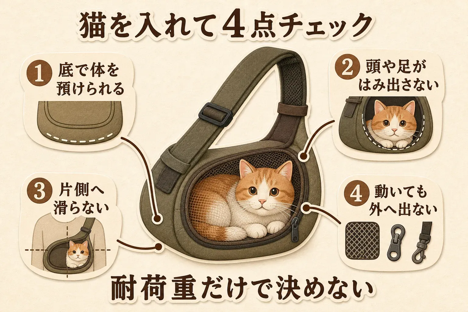 猫をスリングやショルダー型キャリーに入れるときの4点として、底で体を預けられるか、頭や足がはみ出さないか、肩に掛けても片側へ滑らないか、ネット・ファスナー・フックで動いても外へ出ないかを示し、耐荷重だけで決めないよう促す図