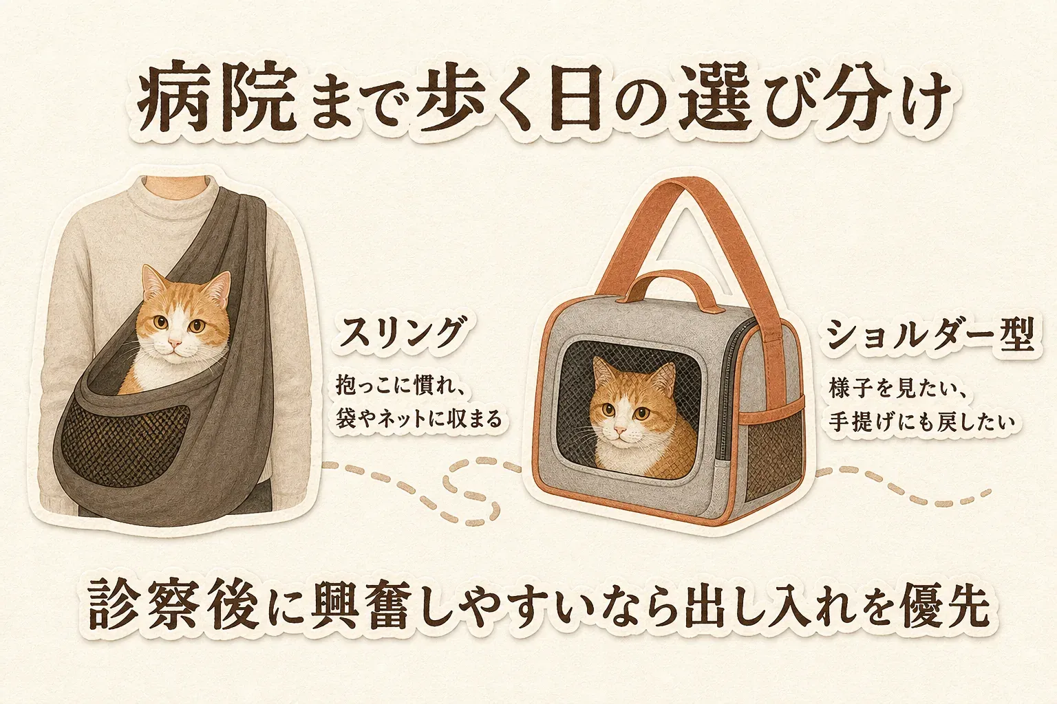 近所の動物病院まで歩く日の選び分けとして、抱っこに慣れ袋やネットに収まる猫にはスリング、猫の様子を見たり手提げに戻したりしたい場合にはショルダー型キャリーを示し、診察後に興奮しやすい猫では出し入れのしやすさを優先する図
