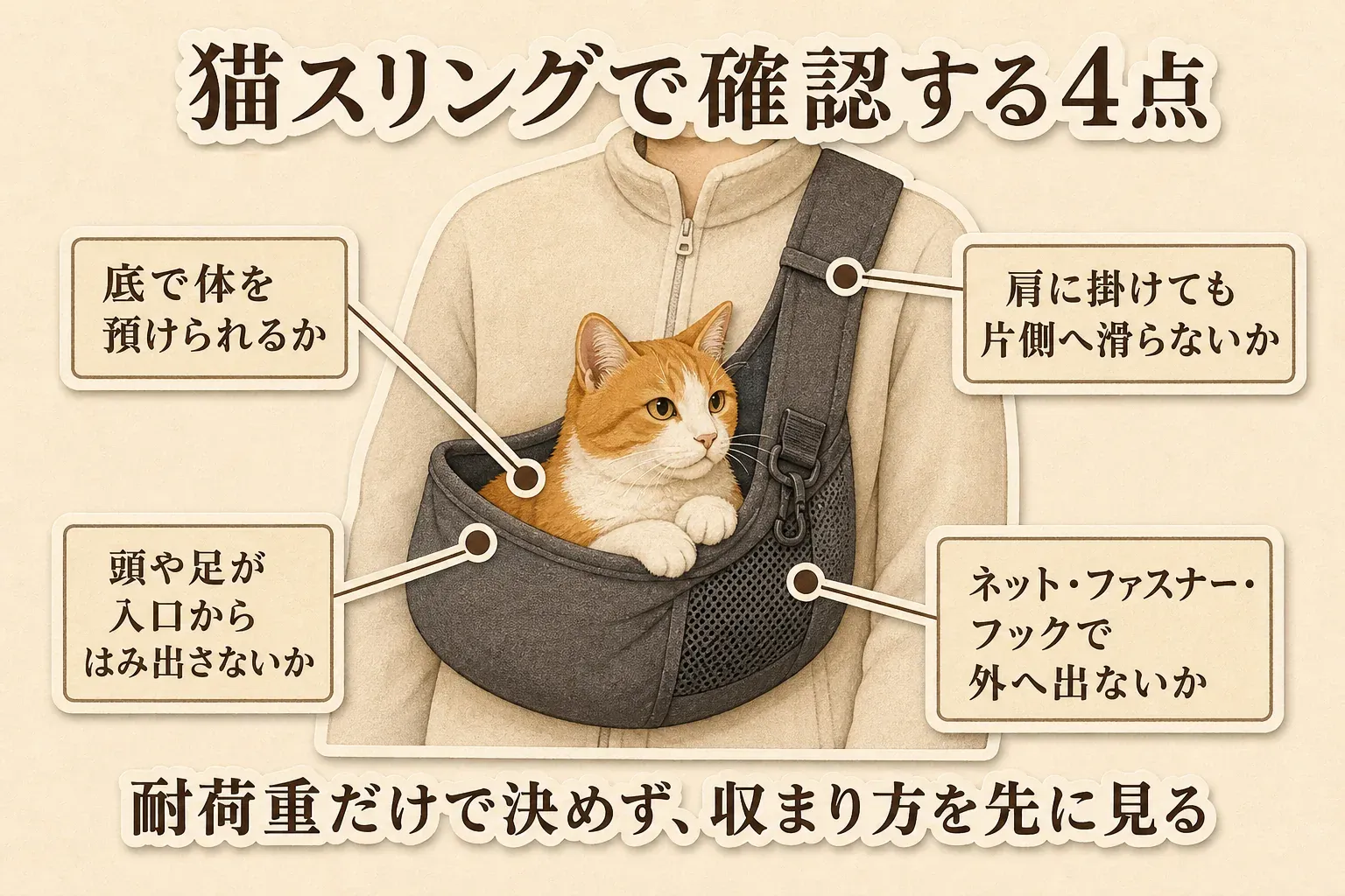 猫用スリングで確認する4点として、底で体を預けられるか、頭や足が入口からはみ出さないか、肩に掛けても片側へ滑らないか、ネット・ファスナー・フックで外へ出ないかを示し、耐荷重だけでなく猫の収まり方を先に見る図
