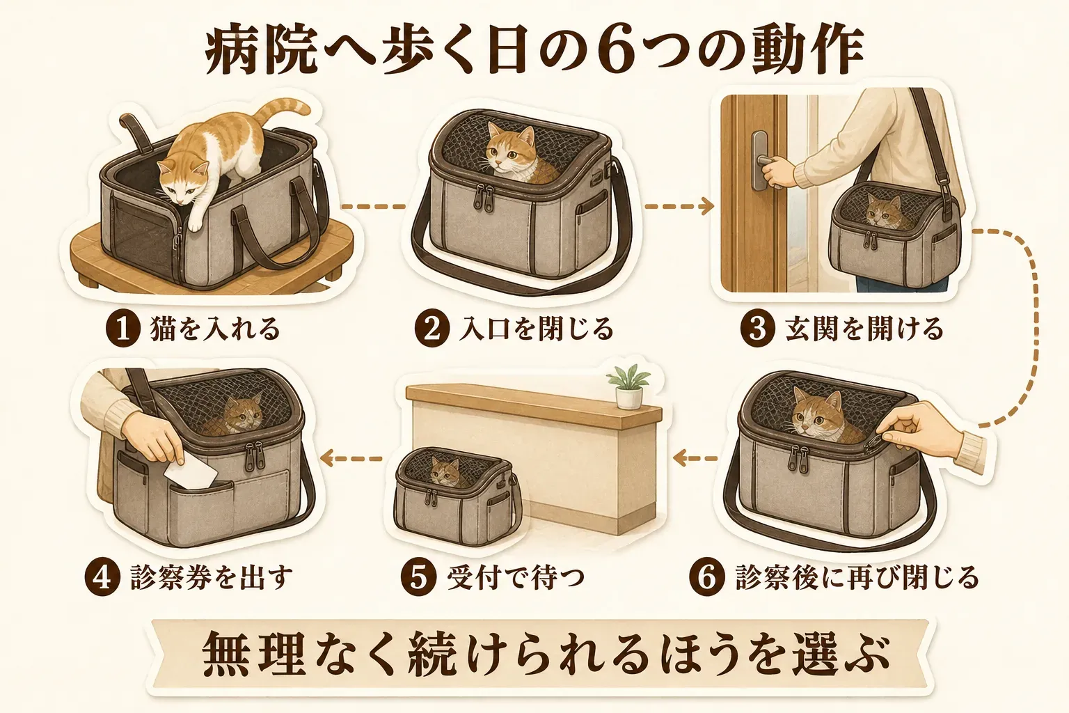 動物病院へ歩く日の6つの動作として、猫を入れる、入口を閉じる、玄関を開ける、診察券を出す、受付で待つ、診察後に再び閉じる順を示し、無理なく続けられるキャリーを選ぶよう促す図