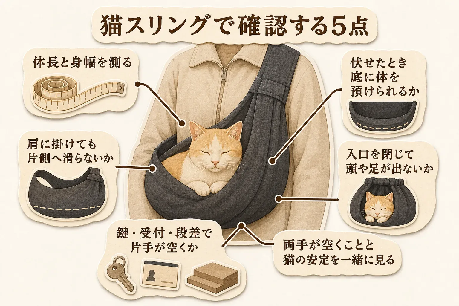 猫スリングで確認する5点として、猫の体長と身幅を測ること、伏せたときに底へ体を預けられること、入口を閉じて頭や足が出ないこと、肩掛け時に片側へ滑らないこと、鍵・受付・段差で片手が空くことを示す図