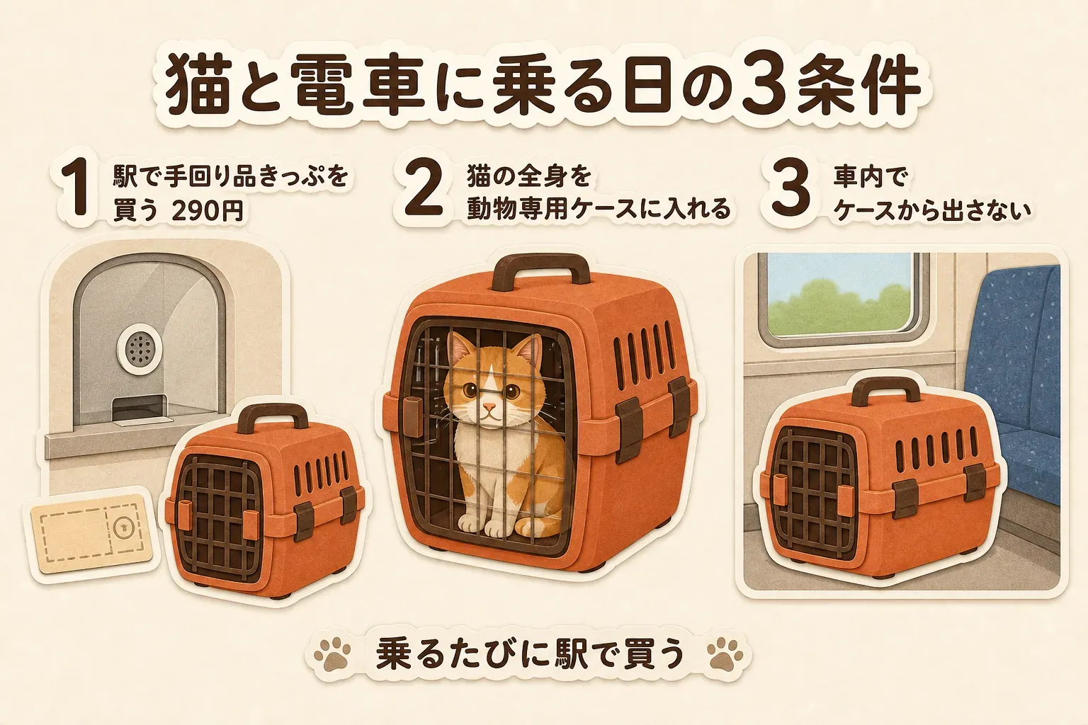 猫と電車に乗る日の3条件として、駅で手回り品きっぷを290円で買うこと、猫の全身を動物専用ケースに入れること、車内でケースから出さないことを示す図