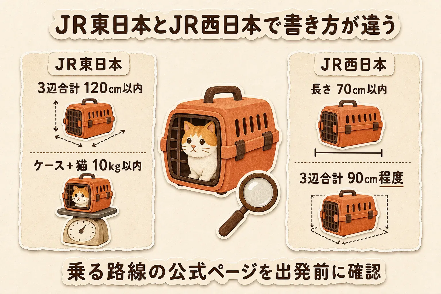 JR東日本は3辺の合計120cm以内かつケースと猫を合わせて10kg以内、JR西日本は長さ70cm以内・3辺の合計90cm程度と案内していることを比較し、乗る路線の公式ページを出発前に確認するよう示す図