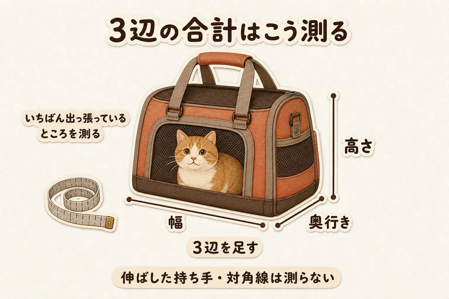 猫キャリーの3辺の合計は、最も出っ張っている幅・奥行き・高さを測って足すこと、伸ばした持ち手や対角線は測らないことを示す図
