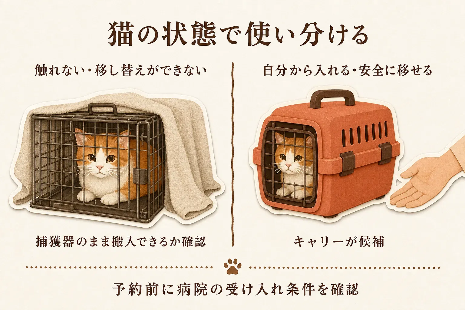 触れない・移し替えできない猫は覆いをかけた捕獲器のまま搬入できるか病院へ確認し、自分から入れる・安全に移せる猫はキャリーを候補にする使い分けと、予約前に病院の受け入れ条件を確認する流れを示す図