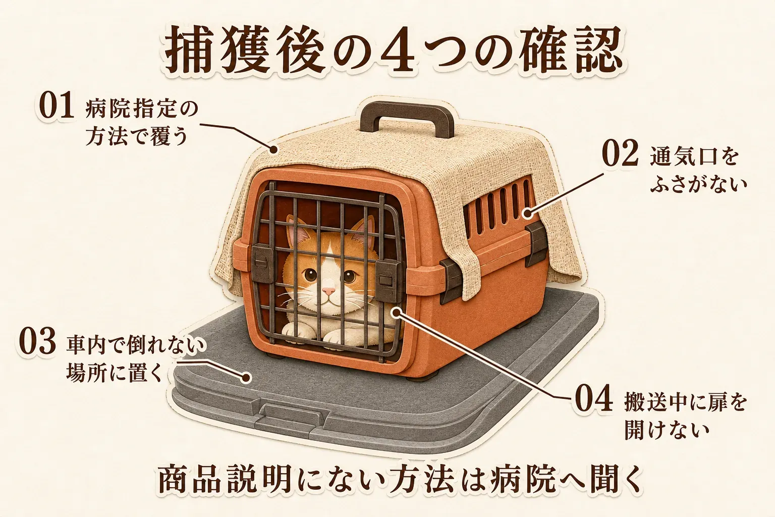 捕獲後の4つの確認として、病院指定の方法で覆うこと、通気口をふさがないこと、車内で倒れない場所に置くこと、搬送中に扉を開けないことを示し、商品説明にない方法は病院へ聞くよう案内する図