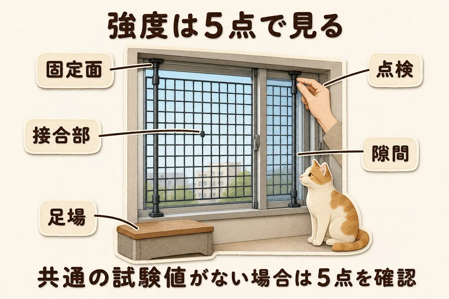 猫の窓用脱走防止柵の強度を確認する5点として、硬く平らな固定面、ネットやパネルの接合部、窓枠との隙間、猫が柵を押す足場、設置後の点検を、窓に設置した柵と猫のイラストで示す図