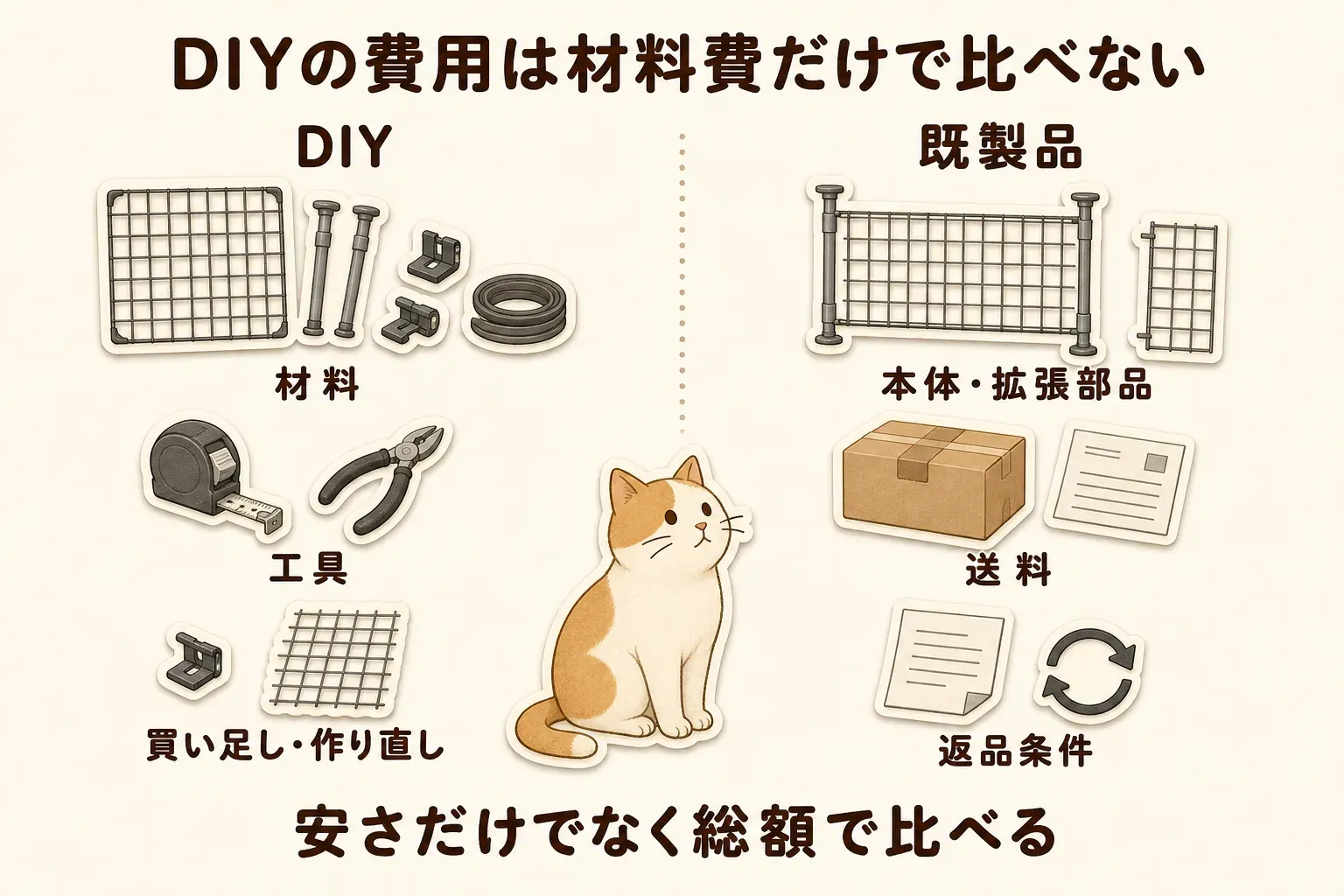 猫の窓用脱走防止柵の費用を、DIYは材料・工具・買い足しや作り直し、既製品は本体・拡張部品・送料・返品条件まで含め、安さだけでなく総額で比べることを示す図
