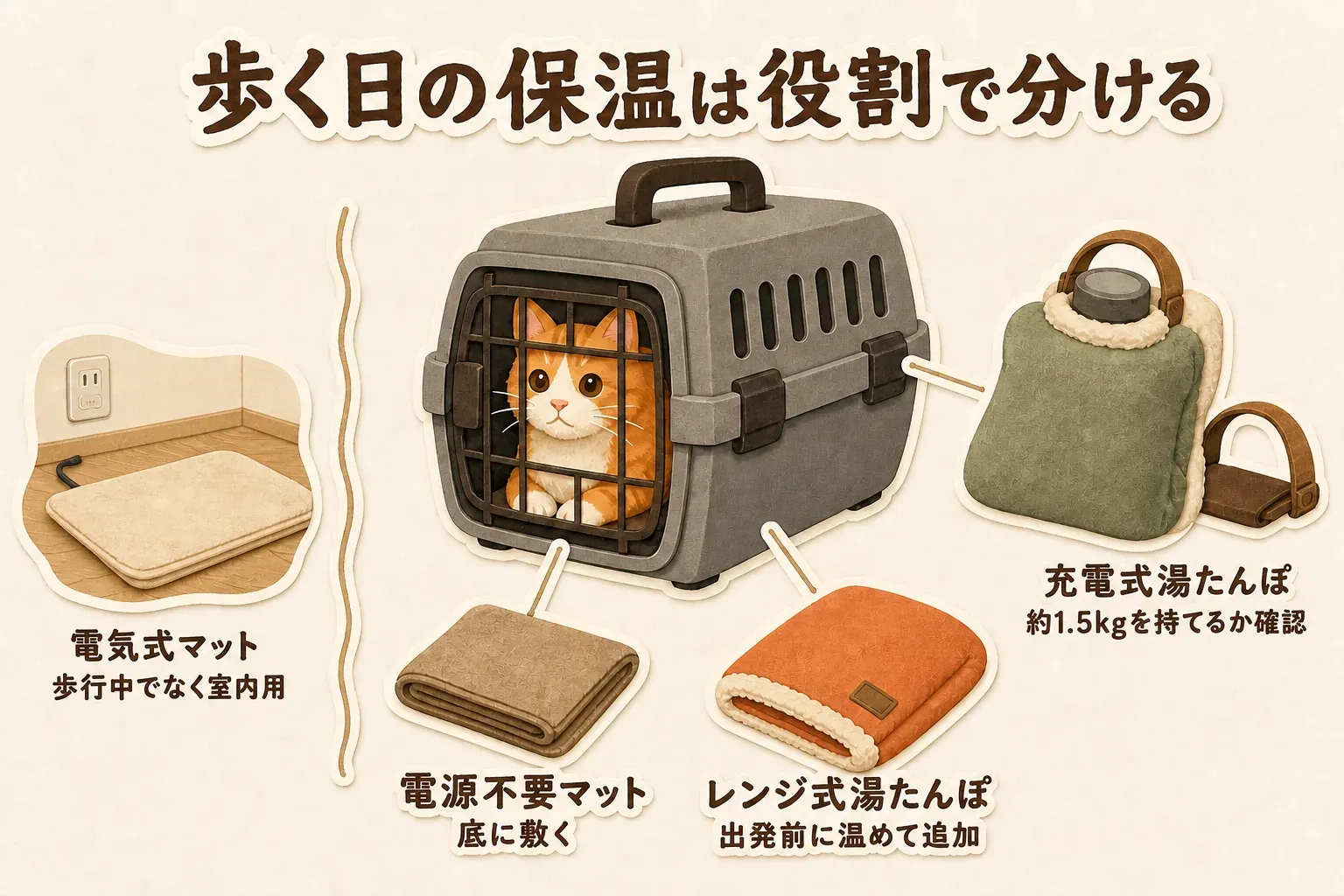 猫と病院へ徒歩で行く日の保温用品の役割を、キャリーの底に敷く電源不要マット、出発前に温めて追加するレンジ式・充電式湯たんぽ、自宅用で移動中の熱源にはしない電気式ホットマットに分けて示す図