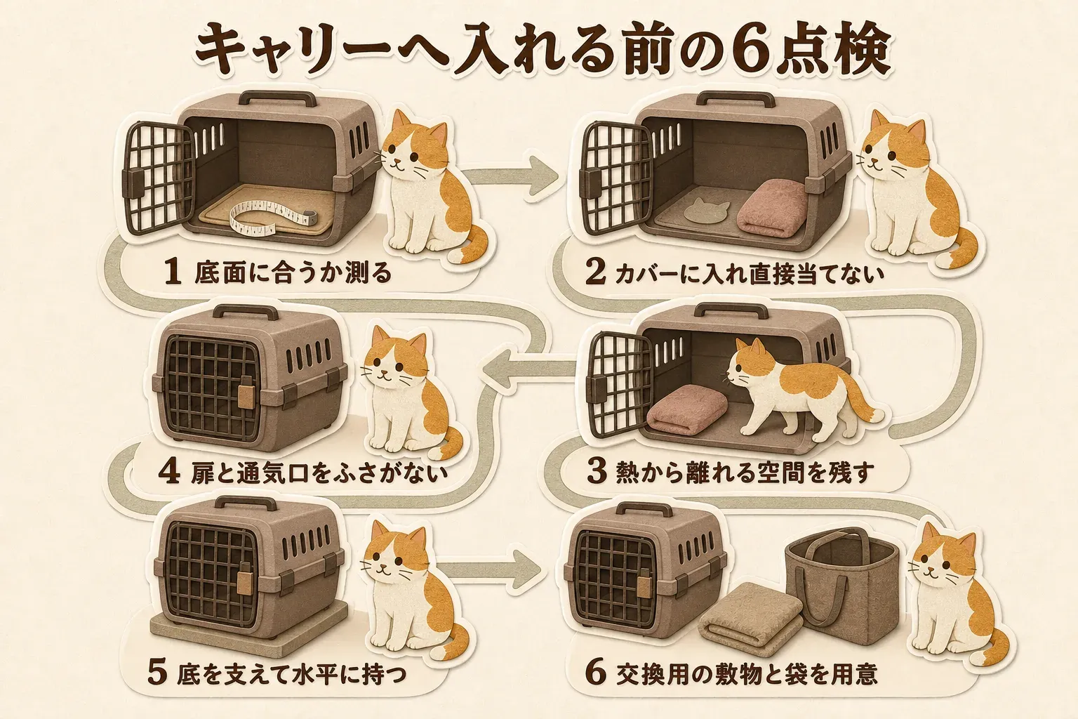 猫をキャリーへ入れる前の6つの確認項目として、底面に合うマット、カバーに入れた湯たんぽ、熱源から離れられる空間と通気口、扉とロック、水平に持てるか、交換用敷物と保温用品用の袋を示す図