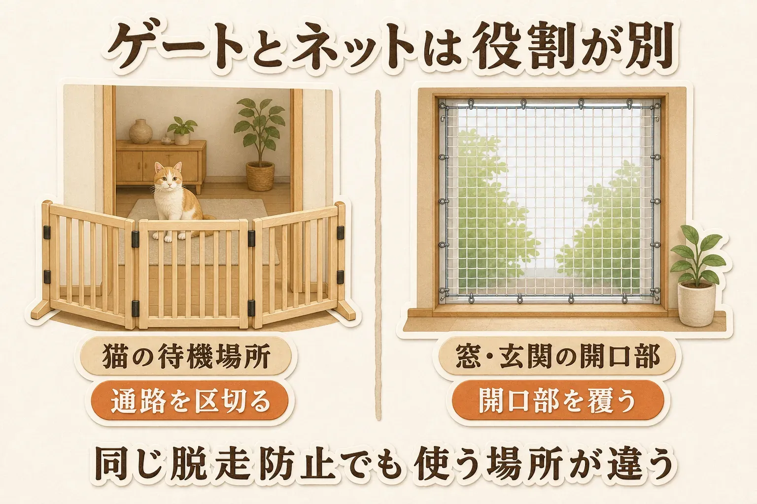 猫の待機場所の通路を自立式ゲートで区切る場面と、窓・玄関の開口部をネットで覆う場面を並べ、ゲートとネットは使う場所と役割が異なることを示す図