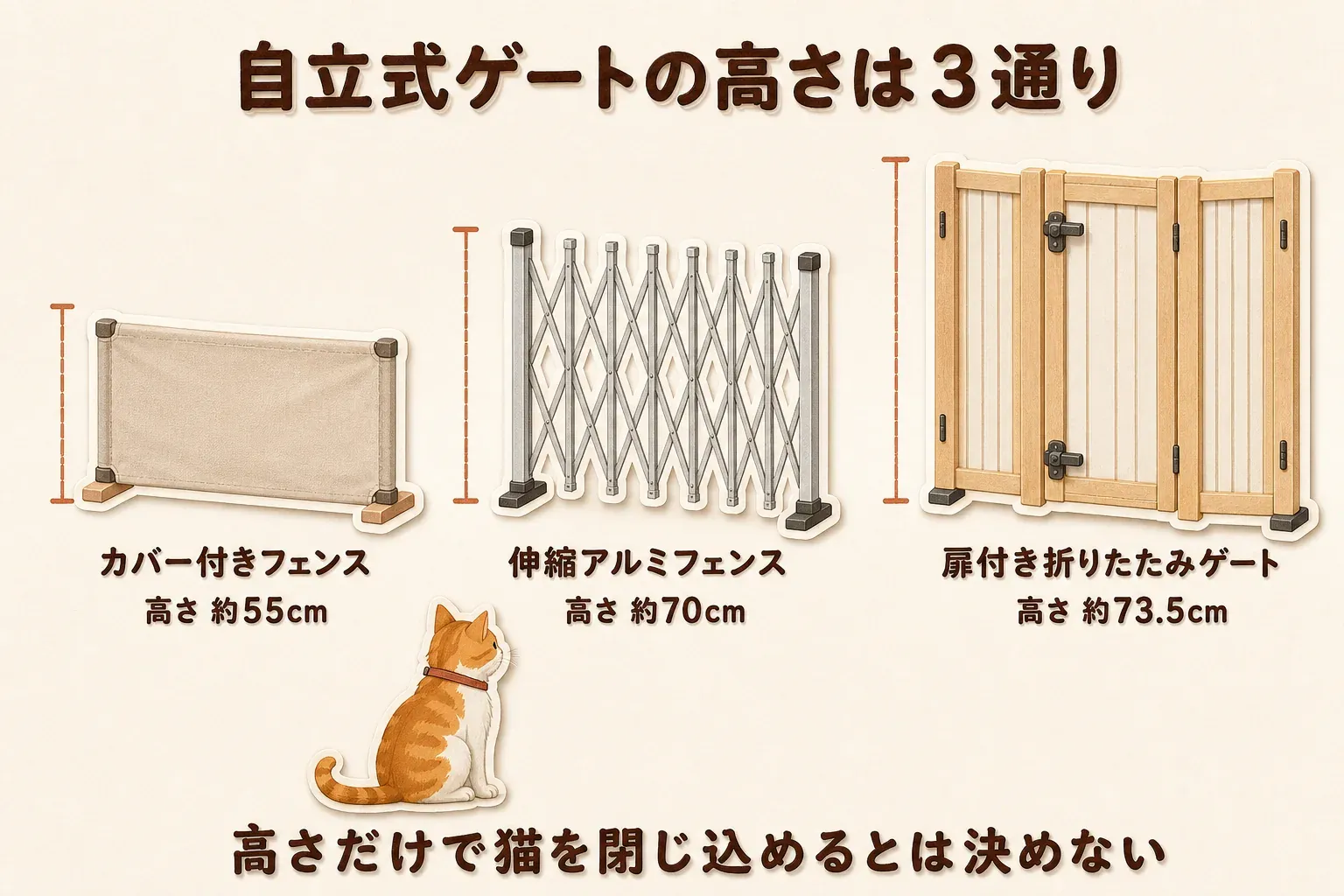 カバー付きフェンス約55cm、伸縮アルミフェンス約70cm、扉付き折りたたみゲート約73.5cmの3種類の高さを猫と並べ、高さだけで猫を閉じ込められるとは決めないことを示す図