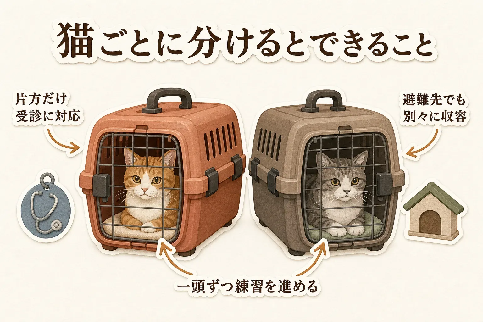 猫をそれぞれ別のキャリーに入れ、片方だけの受診に対応できること、避難先でも別々に収容できること、一頭ずつキャリーに入る練習を進められることを示す図
