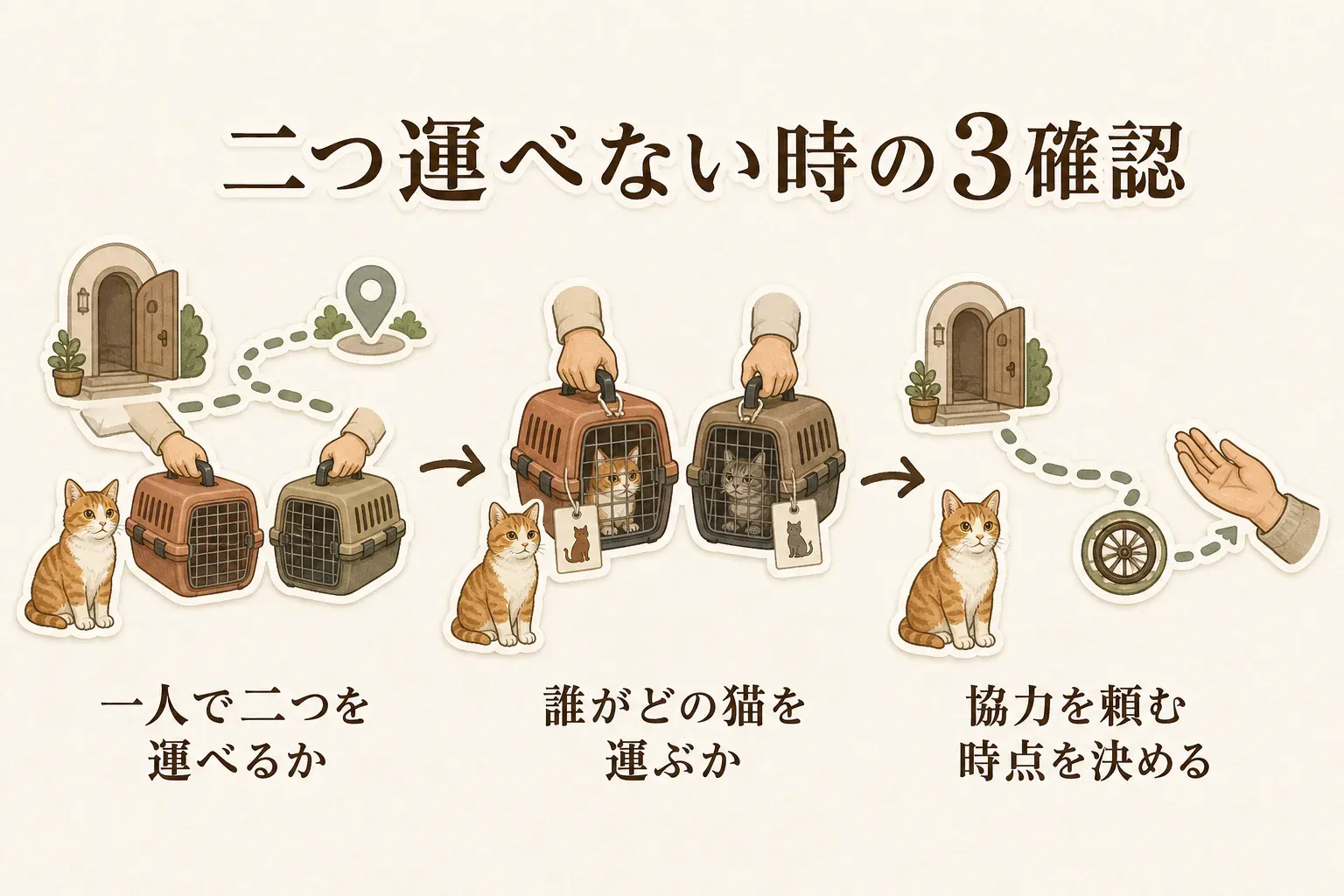 二つのキャリーで避難する計画として、一人で二つを運べるかを確認する、誰がどの猫を運ぶかを決める、運べない場合は協力を頼む時点を決めるという三つの確認事項を、猫とキャリー、避難経路、協力者のイラストで示す図