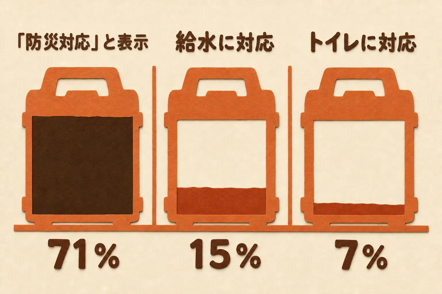 楽天で「防災対応」と表示されているキャリーは71%。そのうち給水に対応していると書かれているのは15%、トイレに対応していると書かれているのは7%しかない