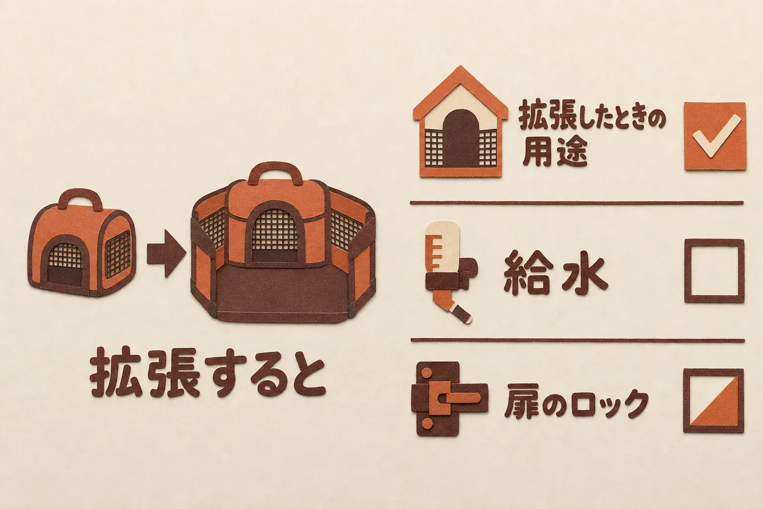 キャリーを拡張すると、確認する点は3つ。拡張したときの用途は書かれていることが多い。給水対応は書かれていないことが多い。扉のロックは商品によって書かれていたりいなかったりする